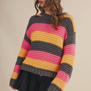 Vibrant Striped Women's Sweater in Pink, Yellow, and Gray